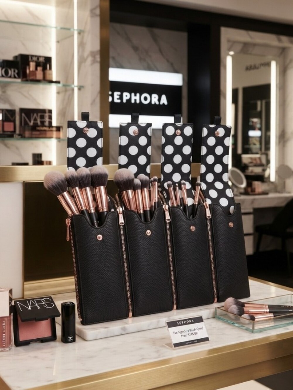 Sephora Leather Make Up Brush Organizer Polka Dot Case 🖤